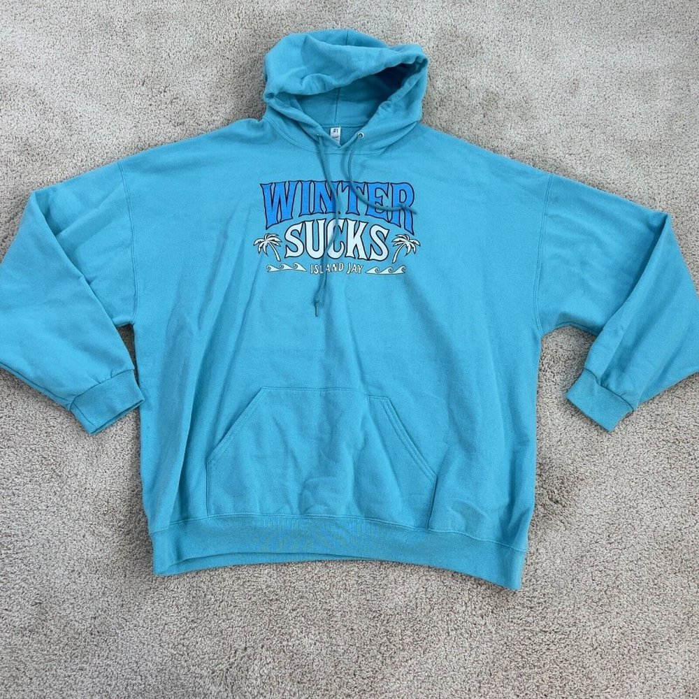 Island Jay Womens Sweatshirt Size 3XL Winter Sucks Blue Hoodie Pullover